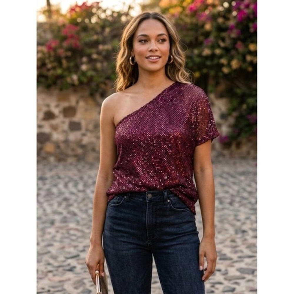 XOXO One Shoulder‎ Lace Sequin Fishnet Top Blouse